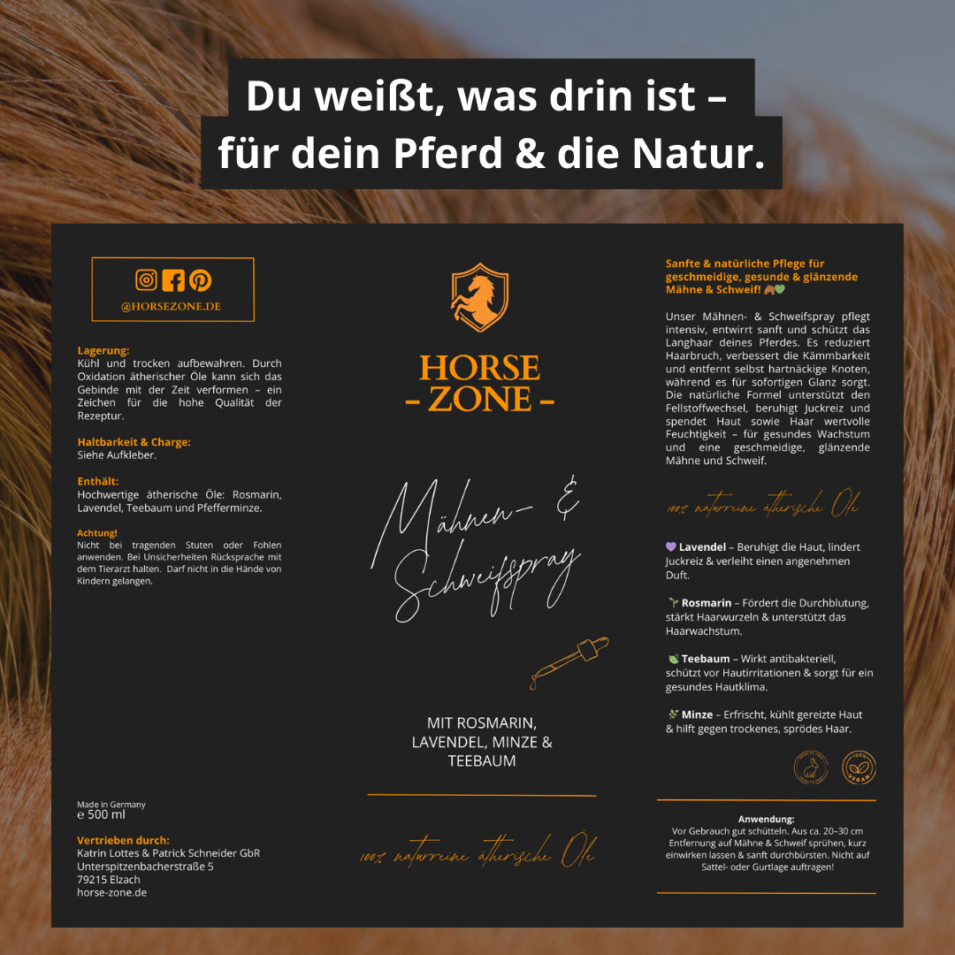 HORSE ZONE Mähnen-& Schweifspray für Pferde – mit 100 % naturreinen ätherischen Ölen
